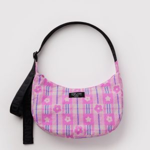 Medium Nylon Crescent Bag - Market Plaid Pink