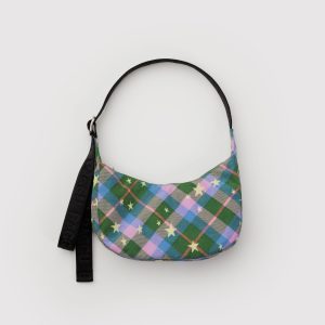 Small Nylon Crescent Bag - Green Star Plaid